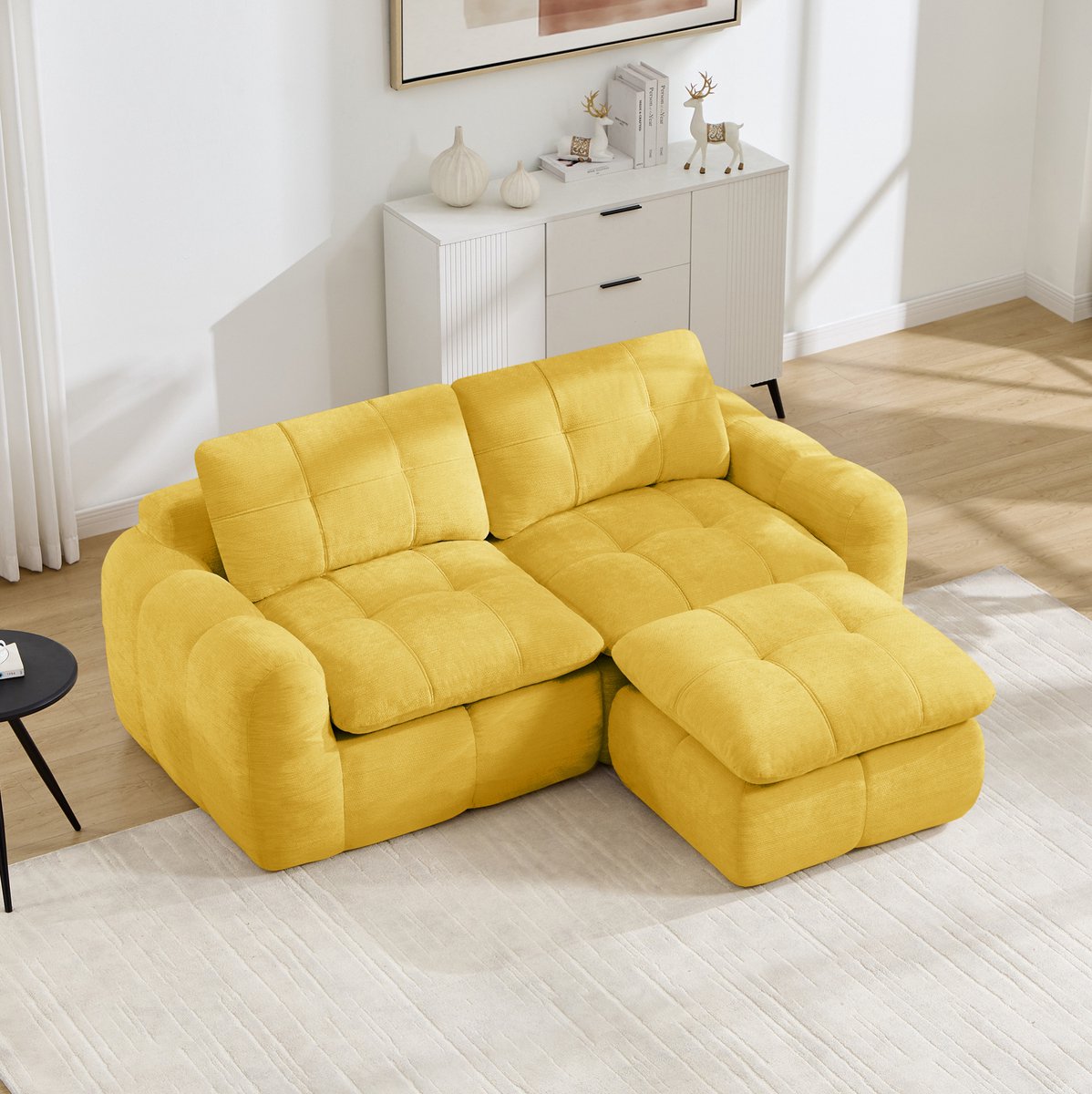 OKWISH Hoekbank – 2-Zits L-Vormige Modulaire Bank Met Ottomaan – Montagevrij, Ergonomisch En Zacht – Voor Woonkamer Of Appartement – Chenille – Geel