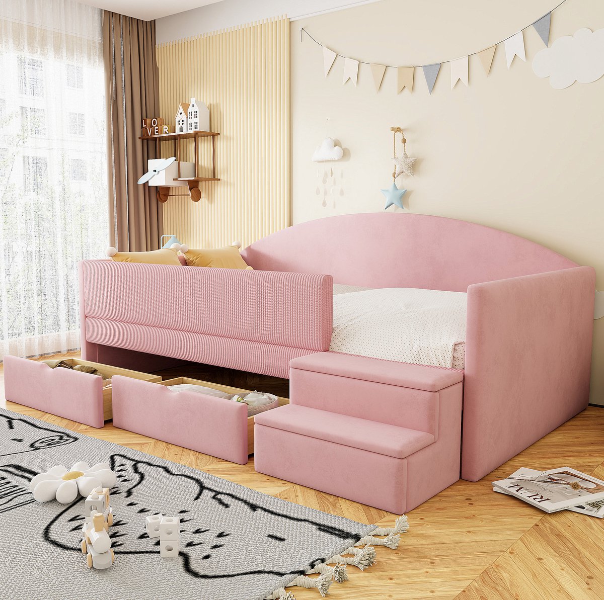 REDOM - Kinderbed - Met 2 lades en veiligheidsrail - Met antislip treden en lattenbodem - Roze - Kinderkamer - Stof MDF metaal hout - 201 x 98,5 x 69,5 cm