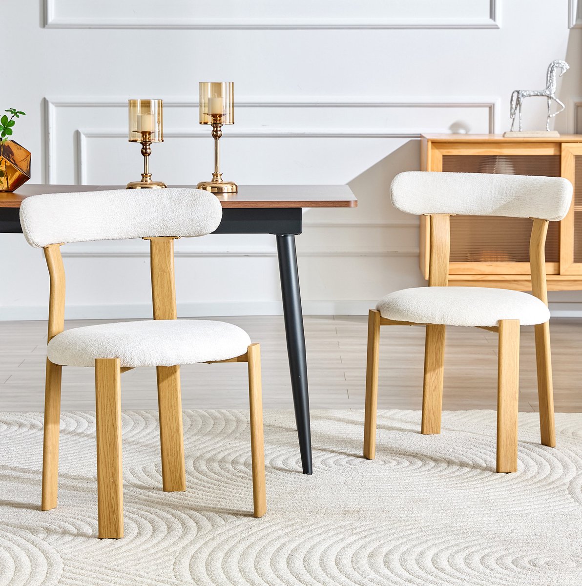 MODENUIT Eetkamerstoel Set Van 2 - Bouclé Bekleding - Voor Eetkamer En Woonkamer - Hout - Wit - 79 Cm Hoog