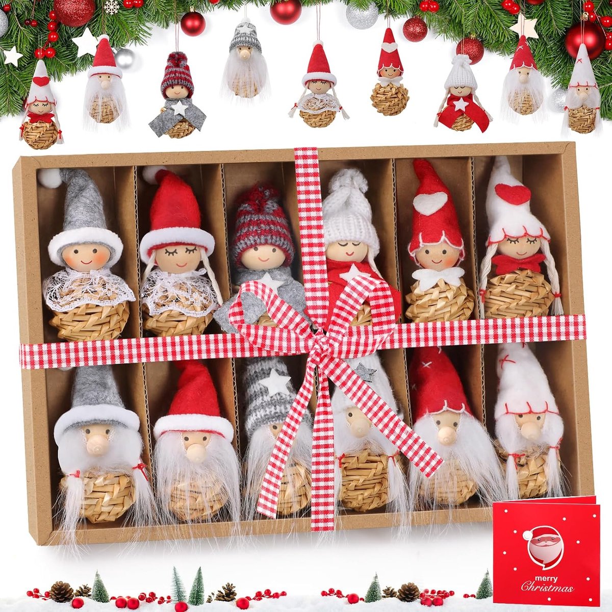 Kerstdecoratie gnomes 12 stuks - schattige hangers - sterren design - uniek voor je kerstboom - ShopVlot