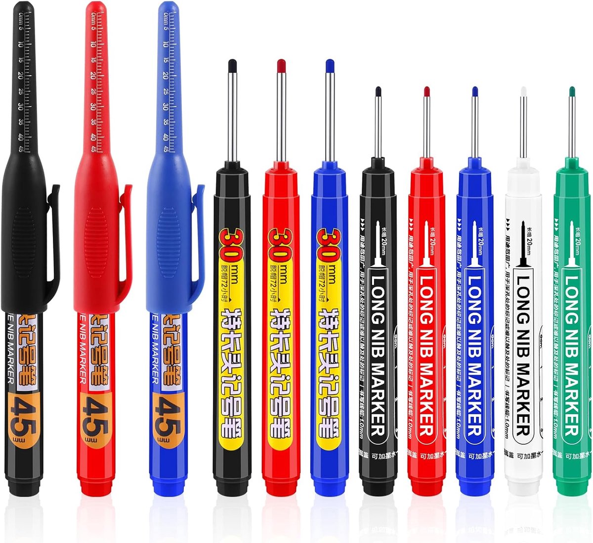 SnelShoppen - Pack van 11 Boorgatmarkeerders, Extra Lange Waterdichte Highlighters 45/30/20 mm, Sneldrogend voor Constructie, Houtbewerking, Decoratie