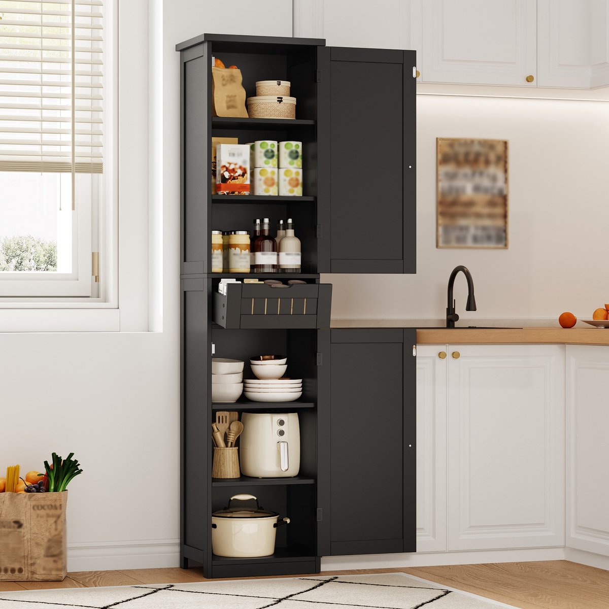 MODENUIT Keukenkast - 2 Deuren, 1 Lade En Verstelbare Legplanken - Voor Keuken - MDF - Zwart - 170x40x30 Cm