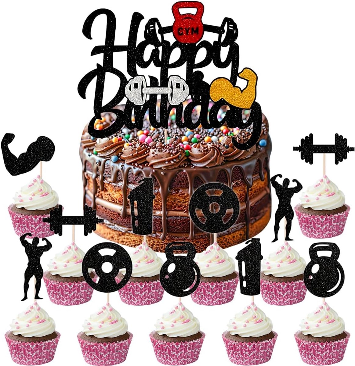 Fitness verjaardagstaart decoratie set - 25 delige gym cake toppers - zwart sport thema - perfect voor fitnessfeestjes - ShopVlot