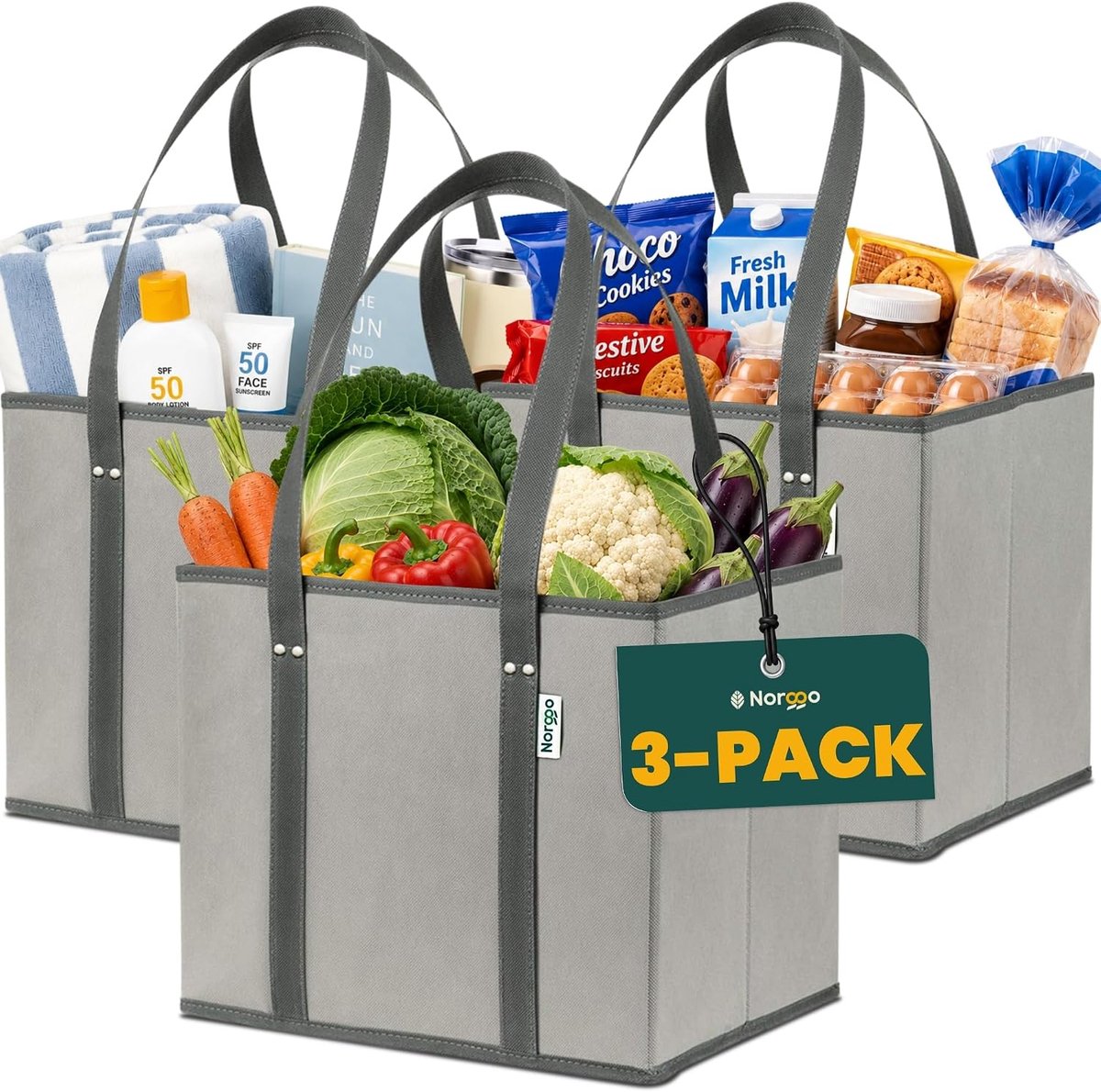 Vouwbare herbruikbare boodschappentas groot - stevige bodem - 3 stuks - ideaal voor boodschappen - ShopVlot