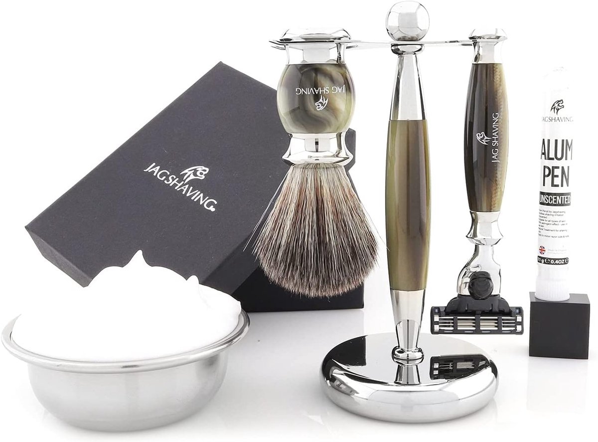 Scheerset 5-delig - Kunsthaar scheerkwast - 3 veiligheidsscheerapparaten - Inclusief scheerstandaard - ShopVlot