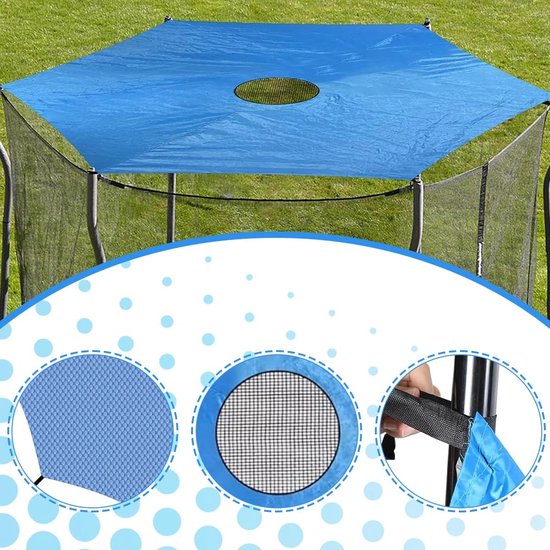 Blauw hexagonale trampoline zonnescherm met details van het materiaal en de bevestiging aan de trampoline.