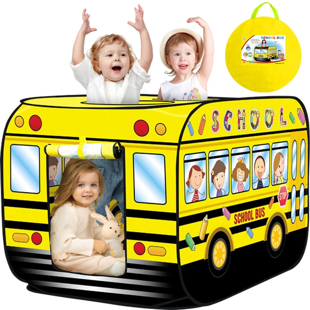 Casalora Kindertent Pop-Up – Speeltent Schoolbus – Indoor & Outdoor Speelhuisje – Opvouwbaar – Inclusief opbergtas - Voor 3+ Jaar