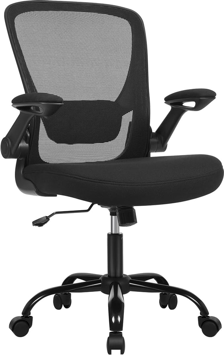 Ergonomische Bureaustoel - Verstelbare Mesh Bureaustoel met Opklapbare Armleuningen - Comfortabele Computerstoel met Lendensteun, Draaifunctie en Wielen - Bureaustoel voor Thuiswerken, Kantoor en Studie - Zwart