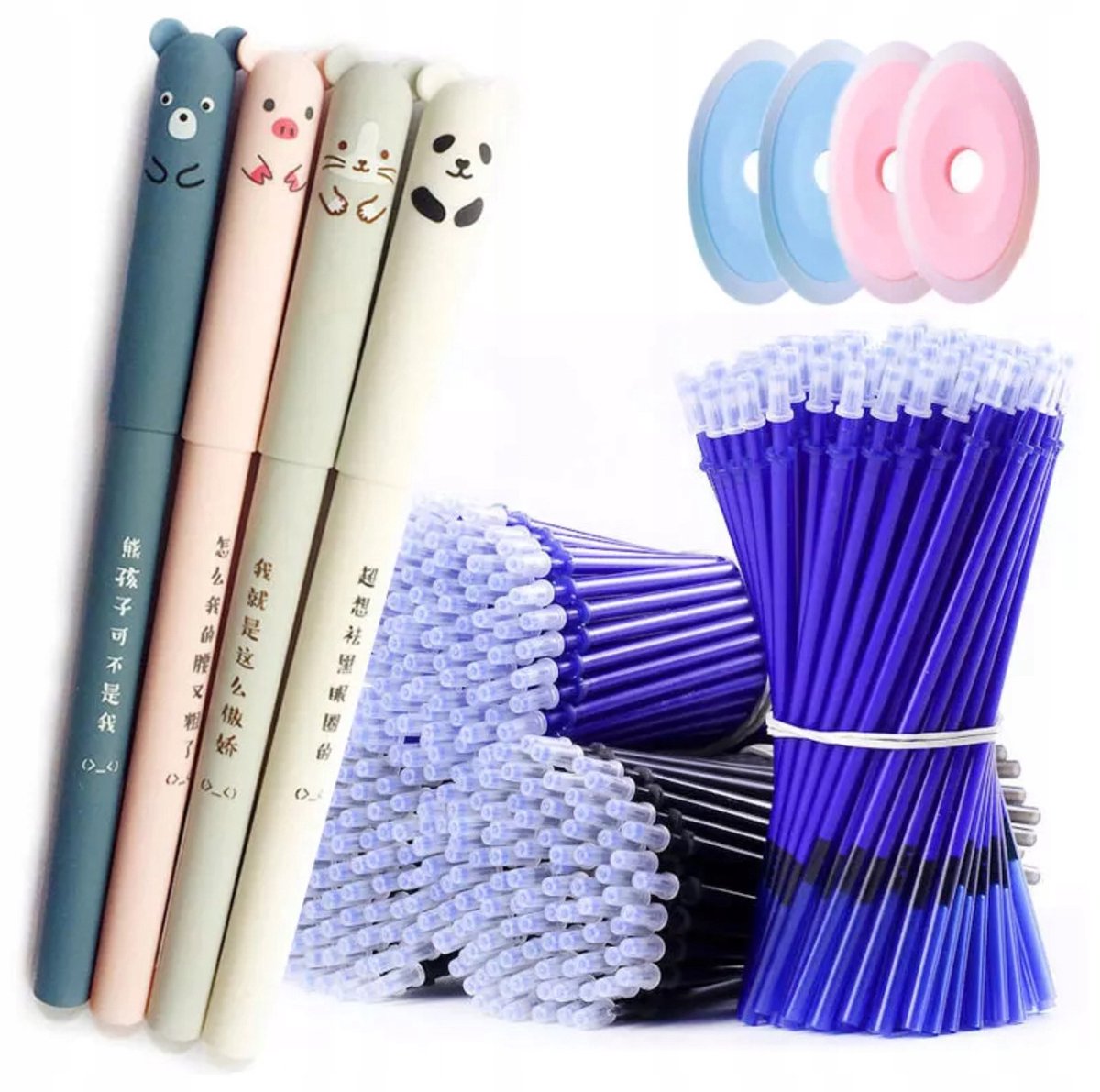 Uitwisbare Pen Set met 10 Blauwe Vullingen, Gum en Tube Pers
