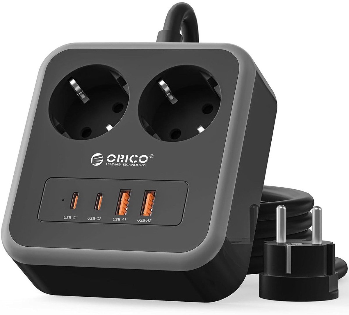 ORICO APD - stekkerdoos - 20W Snellader - 2x Stopcontacten, 2x USB-C & 2x USB-A - Platte stekker - 3 m kabel - Wandmontage-stekkerdoos met veiligheidsvergrendeling - Zwart
