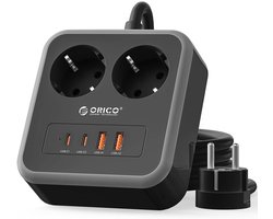 ORICO APD - stekkerdoos - 20W Snellader - 2x Stopcontacten, 2x USB-C & 2x USB-A - Platte stekker - 3 m kabel - Wandmontage-stekkerdoos met veiligheidsvergrendeling - Zwart