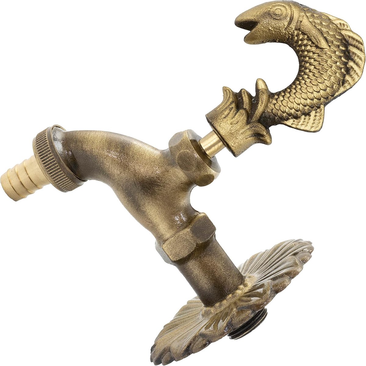 - C62126 - wandspoelbakarmatuur 1/2" "vis" spoelbakkraan met antieke retro decoratieve greep - fontein ornament badkamer vintage tuinarmatuur - oud messing