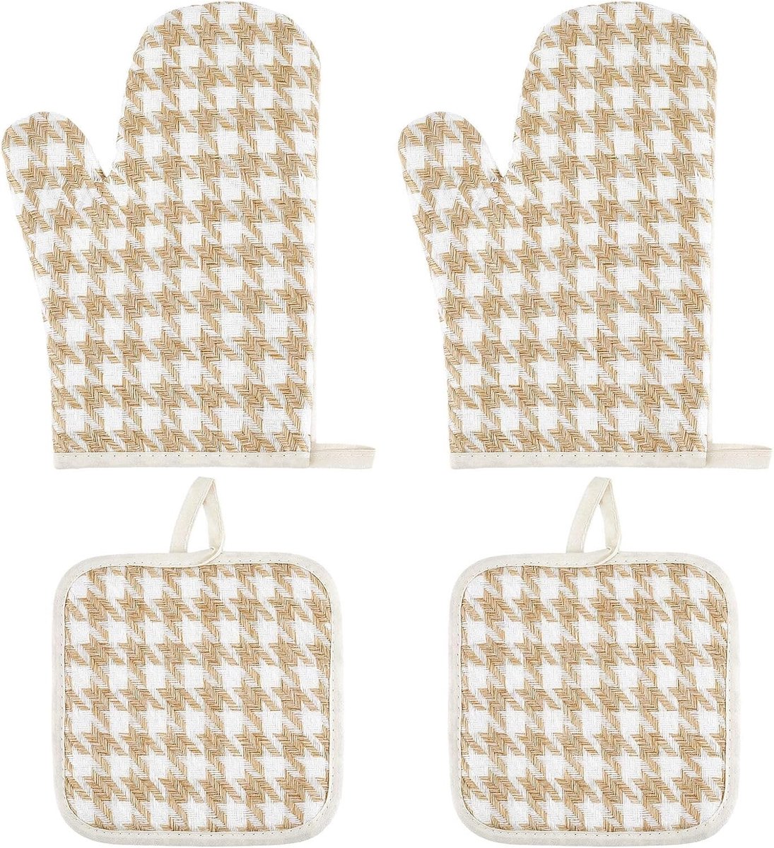 Ovenwanten en pannenlappen, hittebestendige katoenen dikke ovenhandschoenen, gingham kookhandschoenen en pannenlap met hangende lussen voor keuken magnetron BBQ (het zijn allemaal