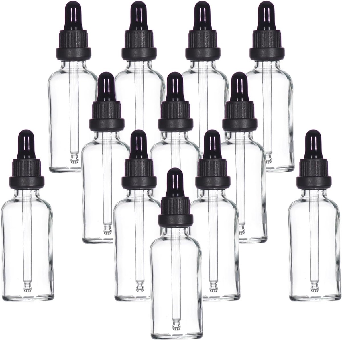 Transparant Glazen Druppelflesje 50ml, met Glazen Pipet Druppelaar, voor Essentiële olie, Aromatherapie, Cosmetica, Laboratorium, Apotheek, Reizen, Massage - 12 Stuks