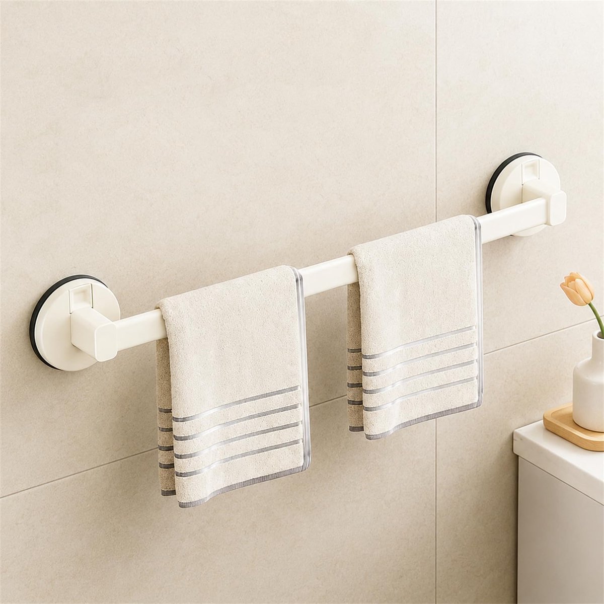 Handdoekhouder zonder Boren, 40 cm Handdoekstang met Zuignappen en Vergrendelclips, Aluminium Handdoekrek voor Badkamer, Douche en Keuken, Crème