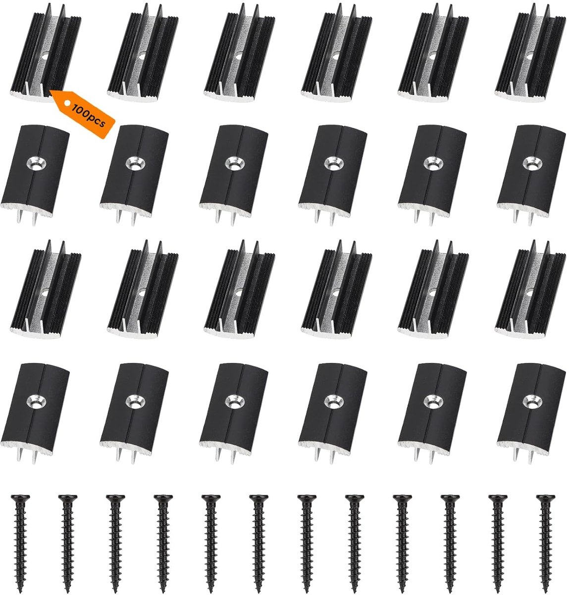100 stukken zwart T-clip voor WPC/BPC vloerplanken, 6 mm, met 100 schroeven