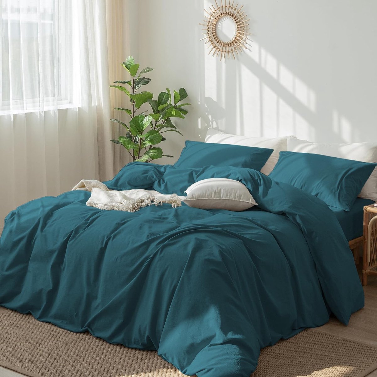 135 x 200 cm, katoen, turquoise, groen, effen dekbedovertrek, set, zacht, behaaglijk, 2-delig, zacht katoen voor eenpersoonsbed, met ritssluiting en kussensloop van 80 x 80 cm