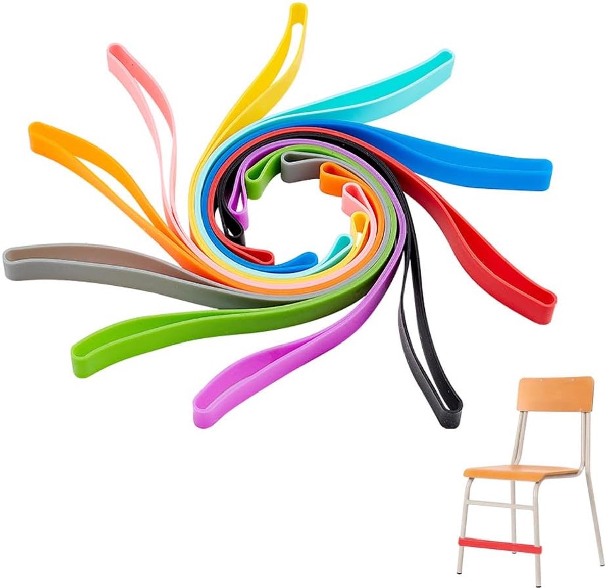 Set van 10 stoelen voor personen met zachte voeten, 10 kleurrijke siliconen springbanden, klaslokaalstoelen, rekbare band