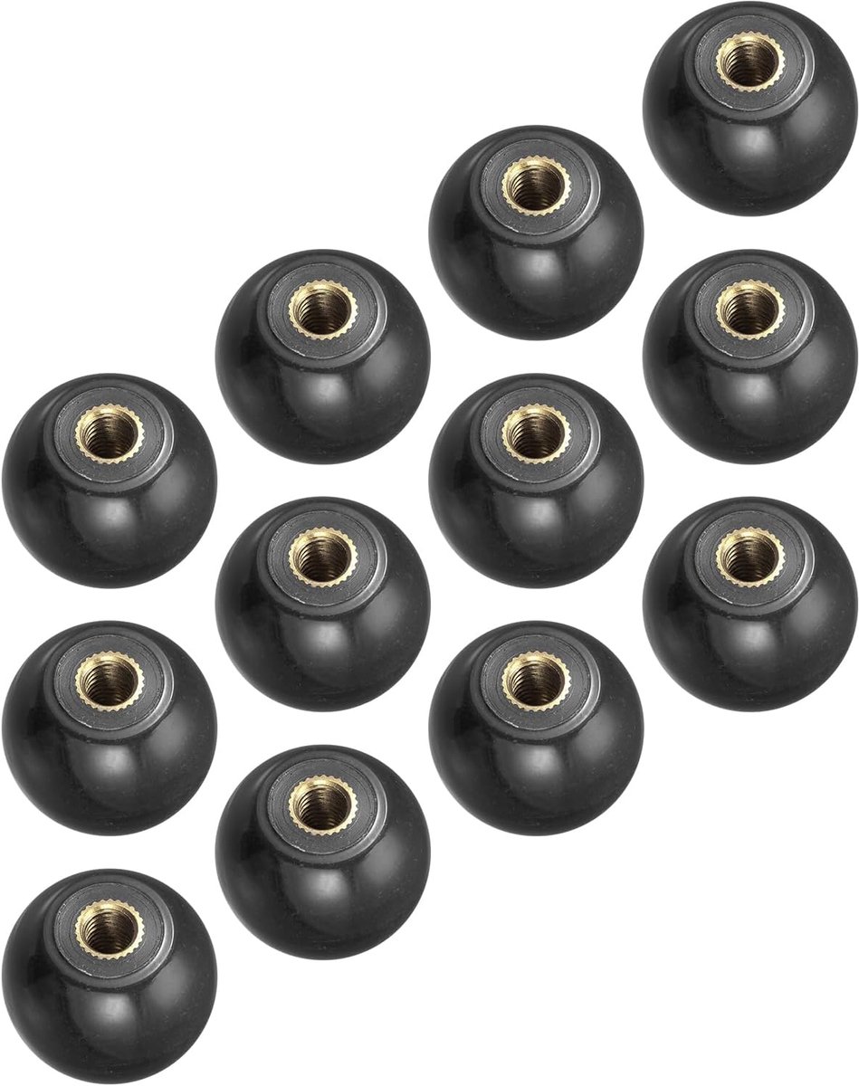 Balknoppen met schroefdraad (25 mm/0,98 ") 12 stuks, kunststof kogelhendel knop met M6 binnendraad messing inzetstuk - voor vervanging van machinehandvat, zwart