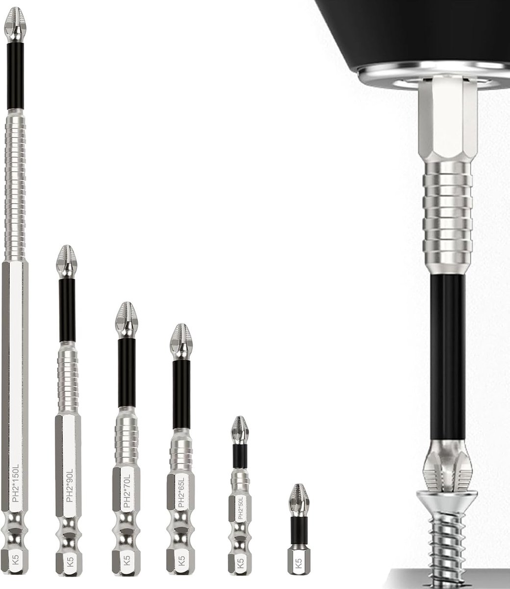 6 stuks magnetische schroevendraaier, precisieschroevendraaier, boorgereedschap met hoge hardheid, antislip kruiskopschroevendraaier, voor elektrische boormachine, handleiding 25 50 65 70 90