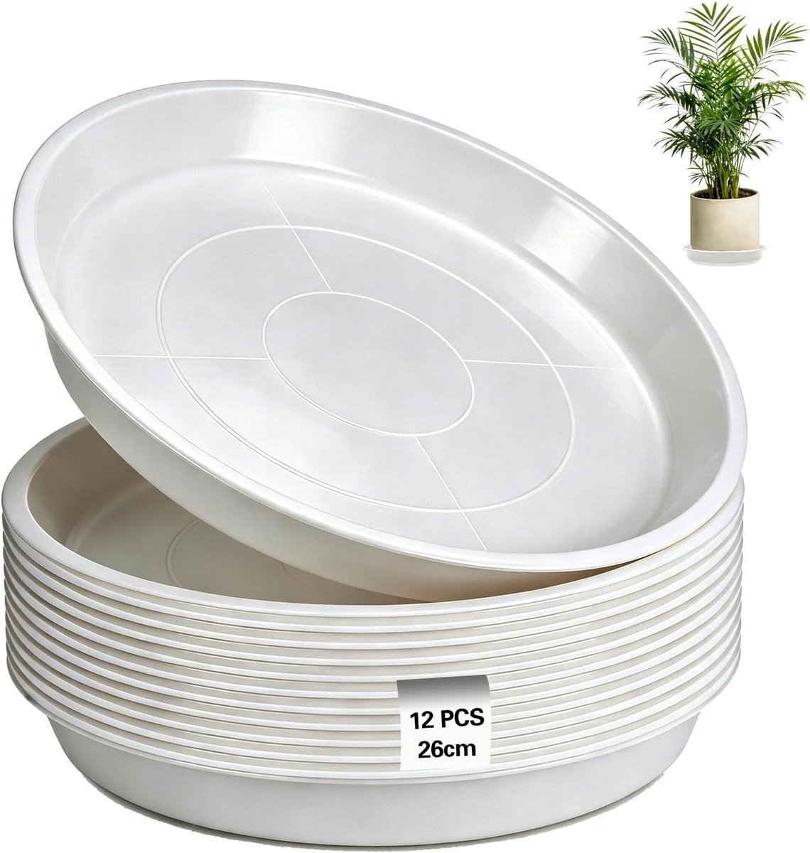 12 stuks bloempotonderzetters 26 cm plantenonderzetters rond | Bloempotonderzetter, wit, onderzetter, bloempot, kunststof onderzetter, plantenonderzetter, voor tuin, balkon