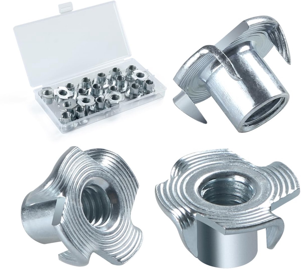 T-moer met 4 punten, M6 x 9 mm, 20 stuks T-moeren van koolstofstaal, aandrijfmoeren, vierpuntsmoeren, geschikt voor hout-, bouw- en houten meubels