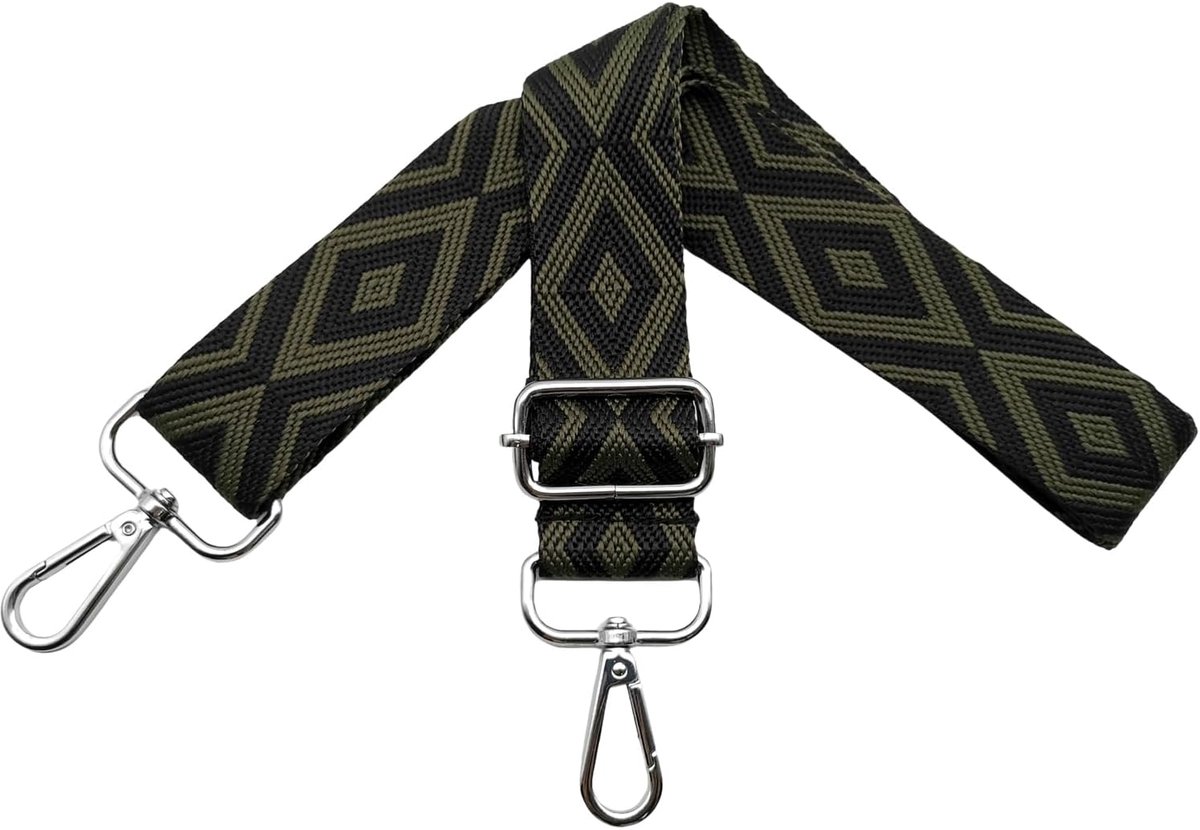 Schouderriem voor damestas, schouderriem, breedte 3,8 cm, met zilverkleurige karabijnhaken, brede schouderriem voor handtassen, crossbody accessoires, zwart/legergroen, V12