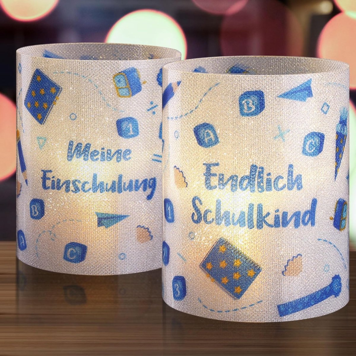 Decoratie voor eerste schooldag, decoratie voor meisjes, eerste schooldag, jongen, eindelijk, schoolkind, mijn eerste schooldag, tafeldecoratie, blauwe windlichten voor theelichtjes, kaarsen