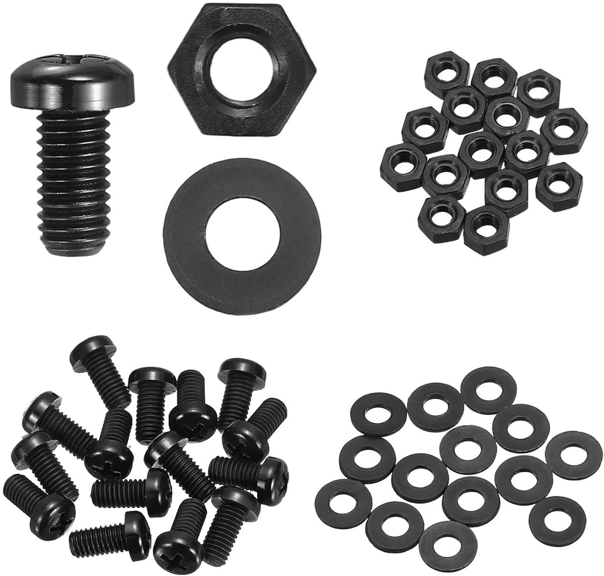 15 stuks nylon ronde kopschroeven, PA66, M6 x 12 mm, Phillips met zeskantmoeren, platte schijven, combinatieset metrische bouten, volledige schroefdraad, zwart