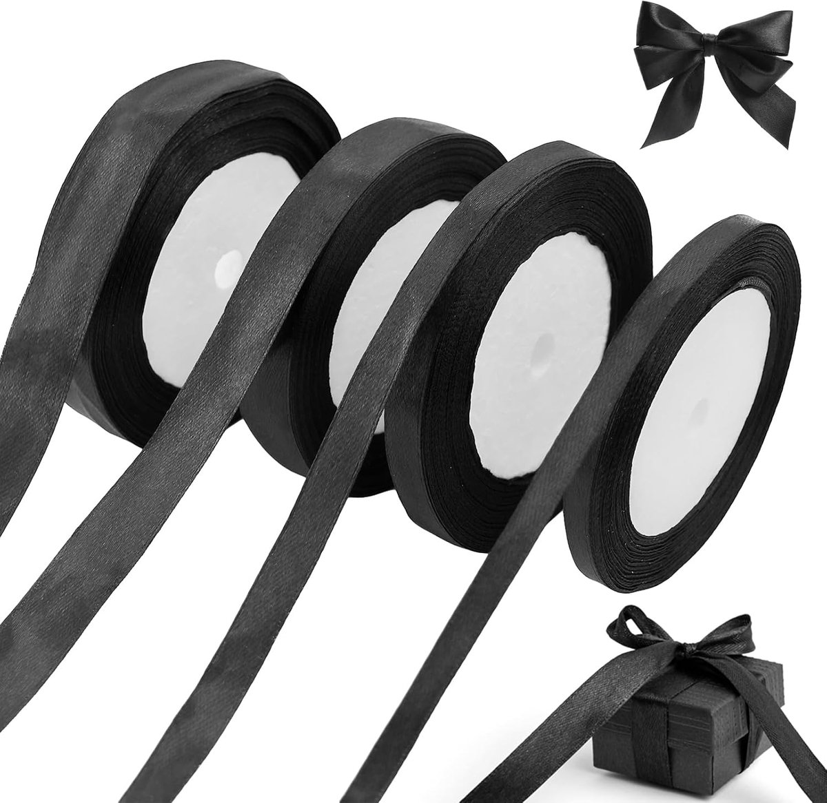 22 m x 4 rollen polyester satijnen lint zwart, 10/15/20/25 mm, cadeaulint, stoffen lint, stoffen lint, stof om te knutselen, decoratielint voor verjaardag, handwerk