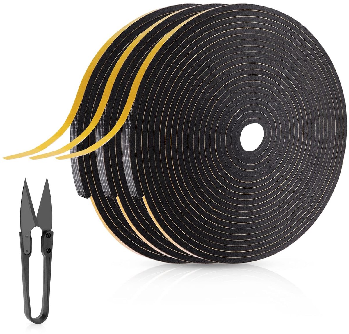 zelfklevend, 15 m (l) x 6 mm (b) x 3 mm (d), raamafdichting, zelfklevend, met 1 schaar, schuimrubber, zelfklevend, voor geluidsisolatie van deuren en ramen, waterdicht, 3 rollen x 5 m