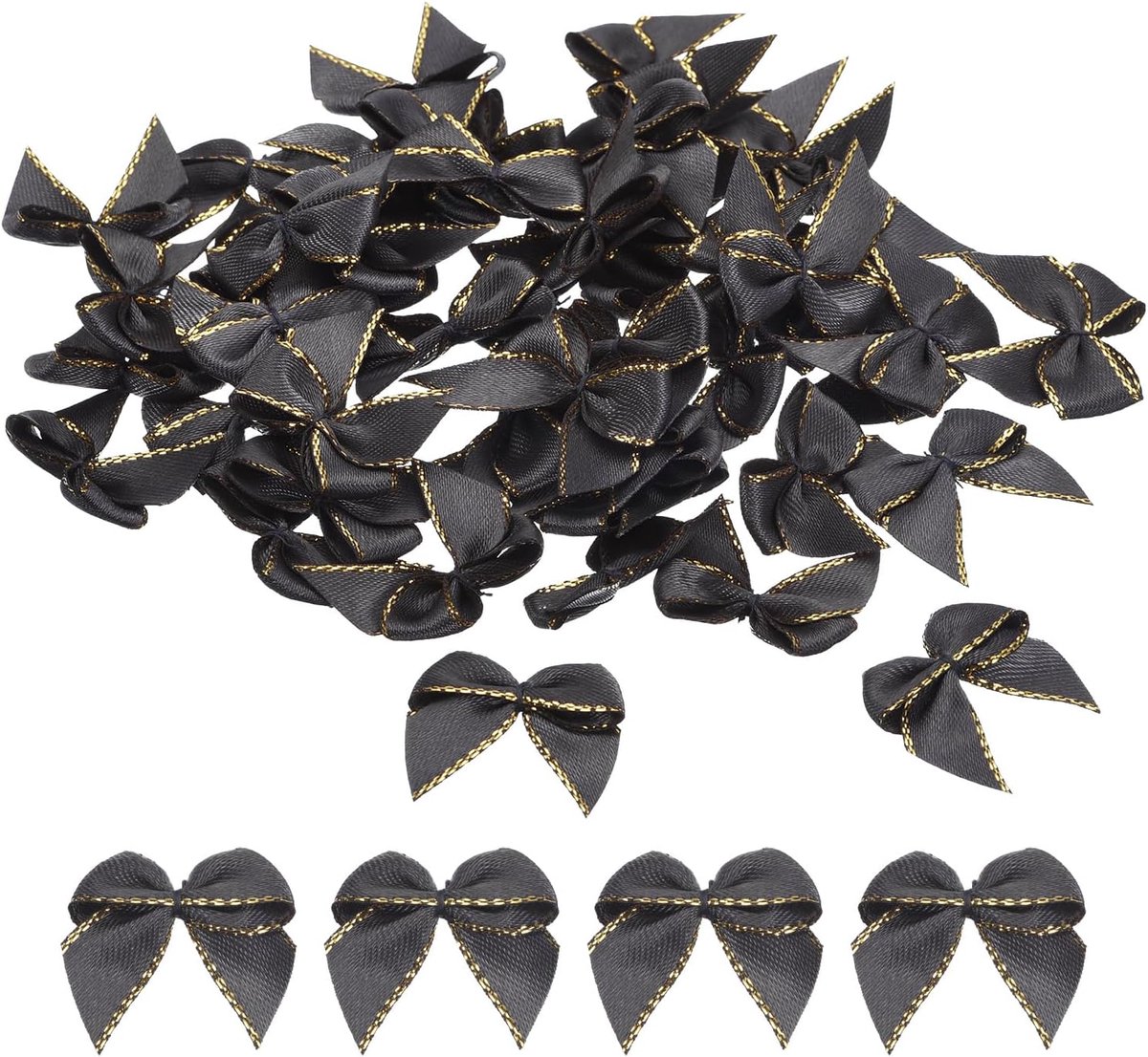 Linten met metalen rand, 2,5 cm, satijnen lint, bloemenstrikken, zacht, voor knutselwerk, doe-het-zelf, haarstrik, feest, gouden rand, zwart, 50 stuks