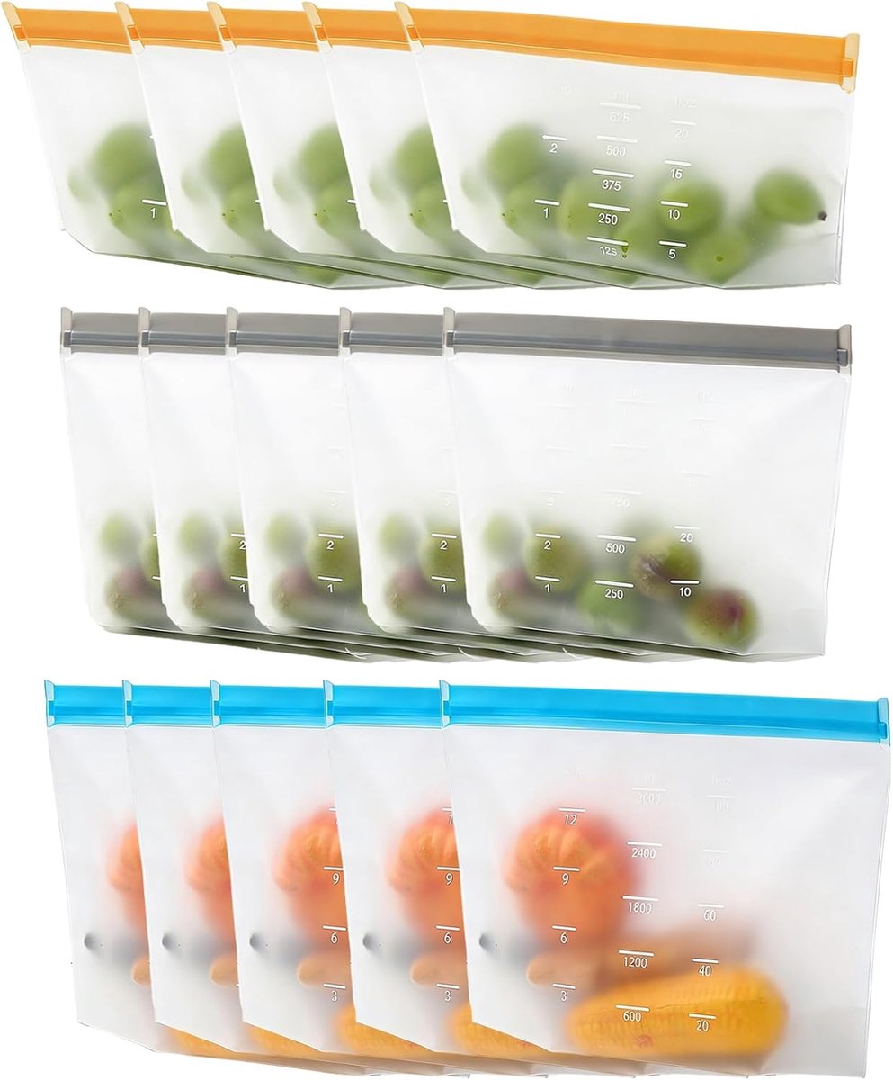 Voedsel Opbergzakken, 15-Pack, BPA-vrij, Luchtdichte Rits Seal, Vriezer en Vaatwasser, 650ml, 1250ml, 3500ml, Oranje, Grijs, Blauw