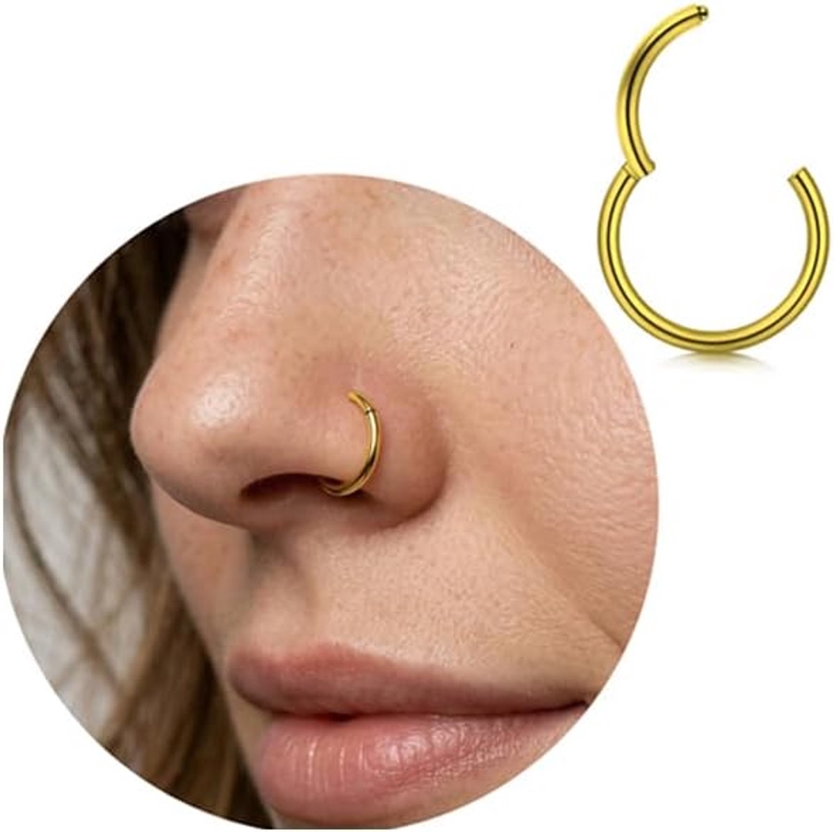 Titanium neusring, neuspiercing, ring, hoepel clicker, hypoallergene segmentring, piercing voor neus, septum, helix, tragus, conch, lip, zilver, goud, 16G, 18G, 20G, dikte & 6 mm, 8 mm, 10