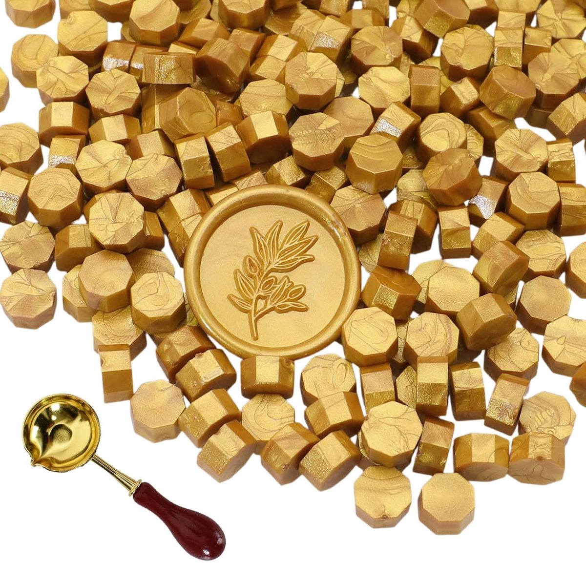 300 stuks zegellakkralen met smeltlepel, gouden achthoekige waszegelset voor stempels, brieven, uitnodigingen, kaarten, enveloppen, cadeauverpakking, bruiloft, knutselen