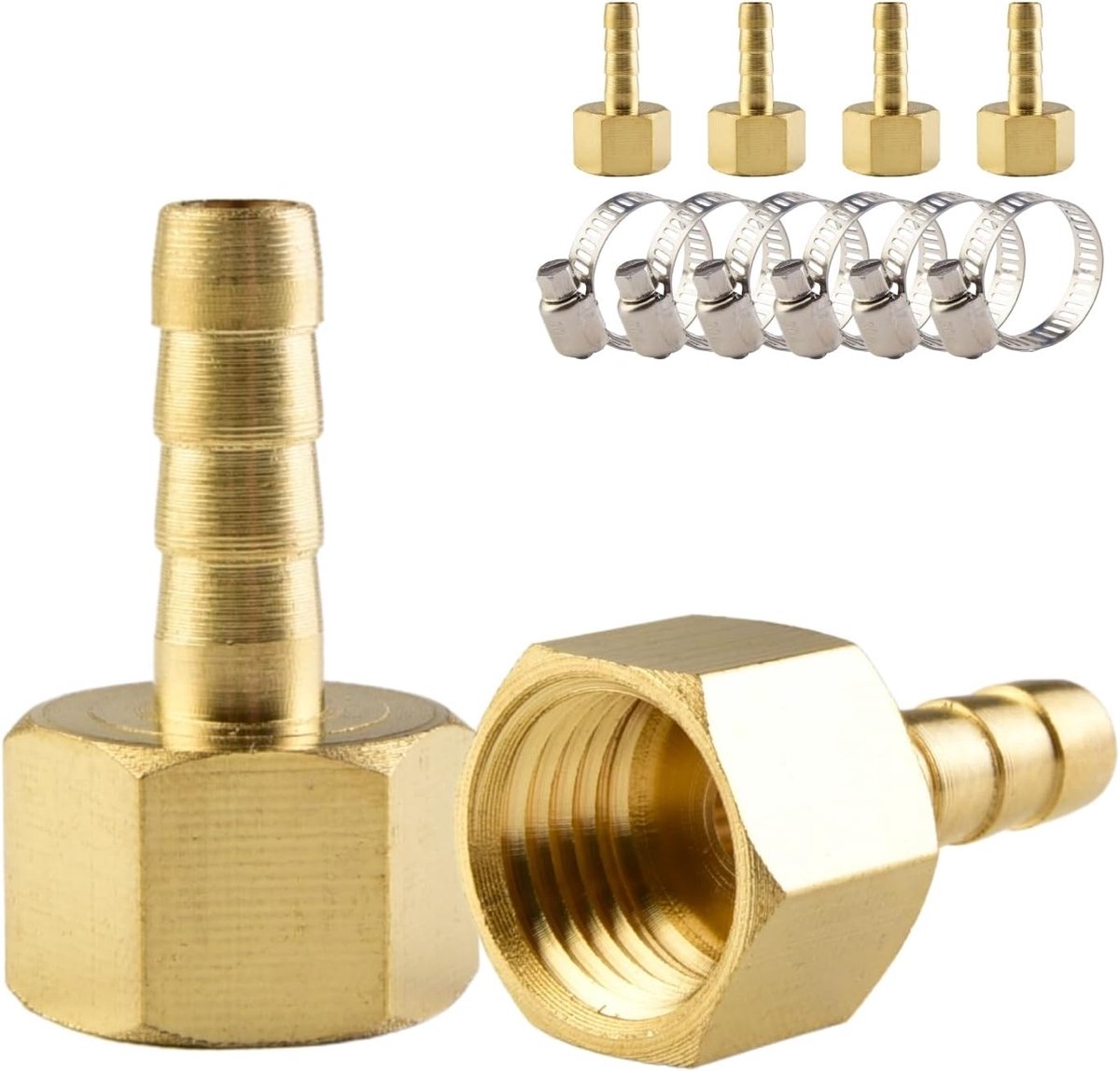 Messing slangaansluiting 6 x 6 mm - 1/4" vrouwelijke schroefdraad - met 6 slangklemmen - voor gas, water en brandstof - ShopVlot