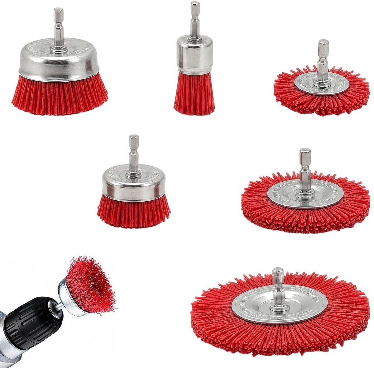 Nylon borstels set 6 maten - potborstels en schijfborstels - voor roest- en verfverwijdering - ShopVlot