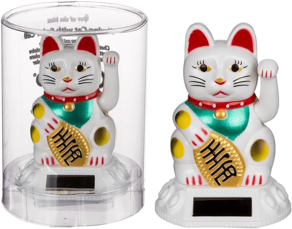 Maneki Neko kat 8 cm - witte kunststof - solar powered - brengt geluk in huis - ShopVlot