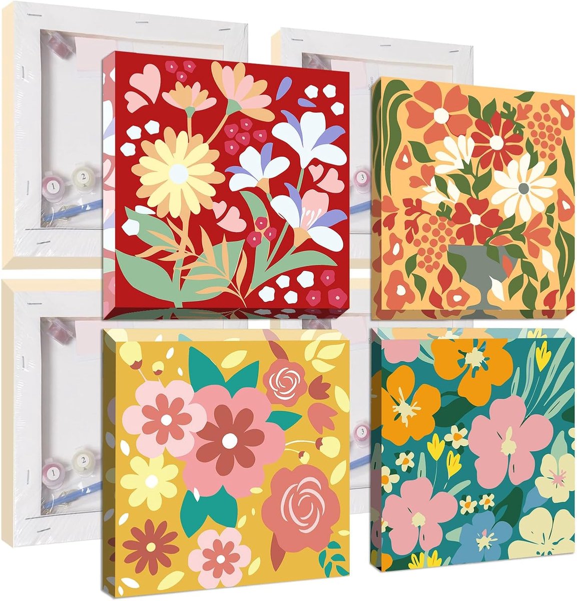 Schilderen op Nummer Set van 4 Bloemen - Gekleurde Bloemen op Canvas - Inclusief Accessoires voor Thuisdecoratie - ShopVlot