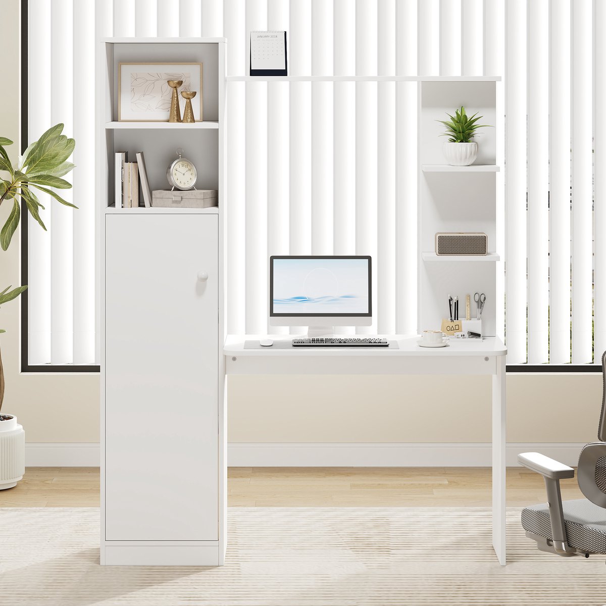 DESMIU Bureau – Met Opbergrek En Kast – 123,5 X 45 X 168,5 Cm – MDF – Wit – Voor Werken En Leren In Huis En Kantoor
