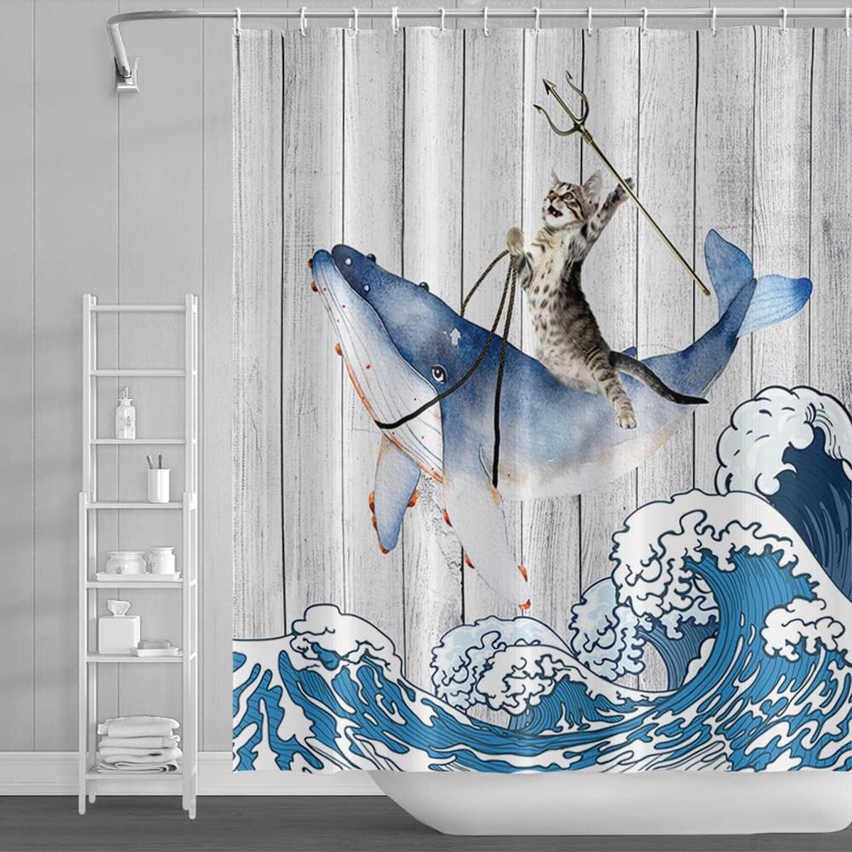 Douchegordijn 90 x 183 cm - Vintage houten vloer - Grappige kat op walvis - Waterdicht en duurzaam - ShopVlot