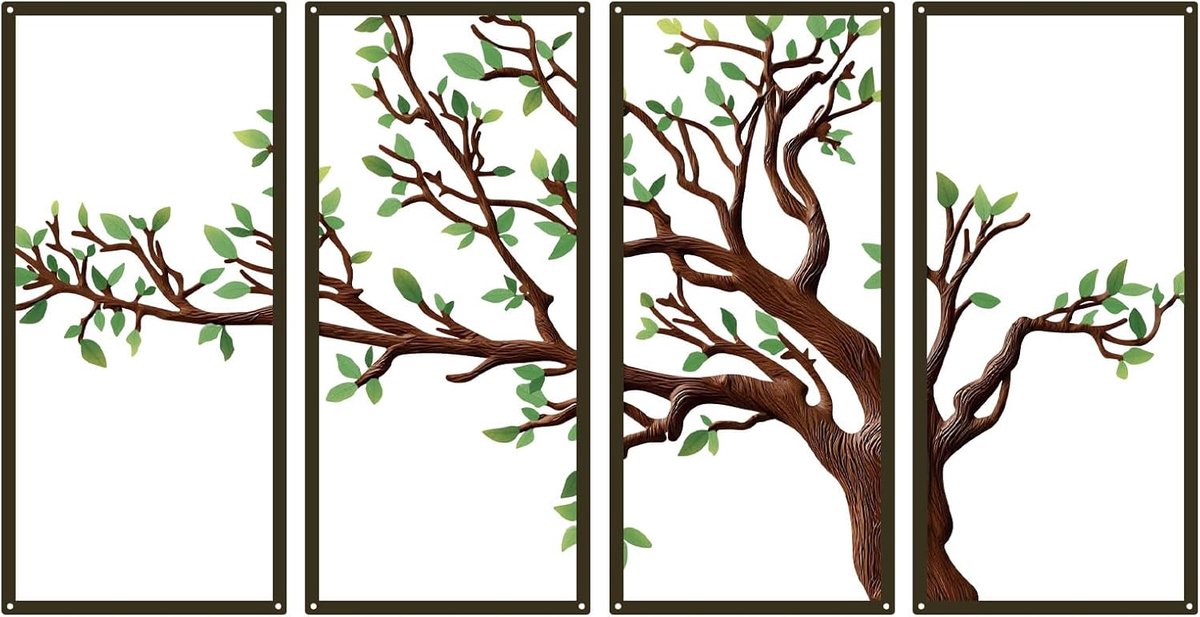 Metal wanddecoratie Tree of Life 80 x 43 cm - duurzaam met bruin takken en groene bladeren - ShopVlot