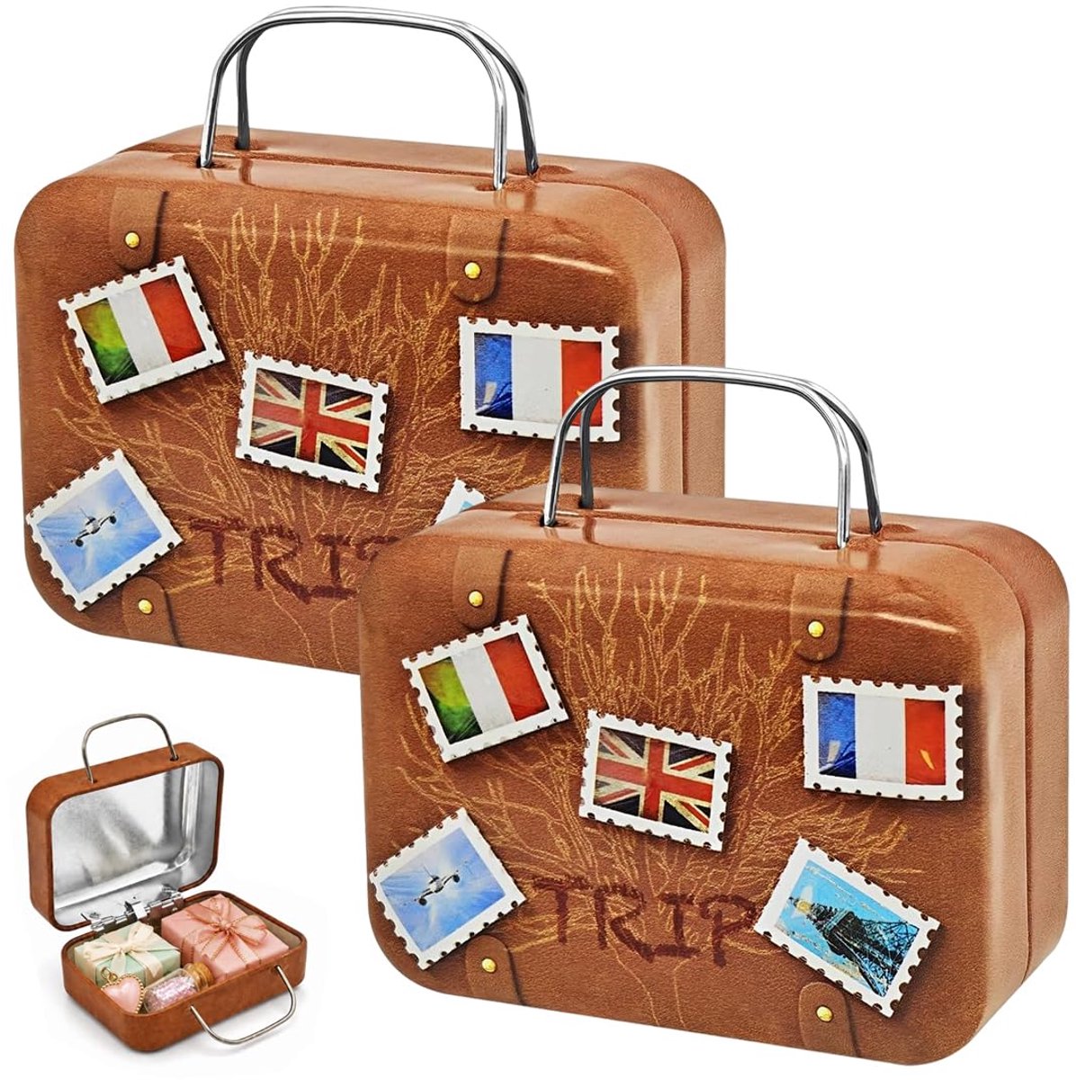 Mini blikdoos reiskoffer 7,5x5,5 cm - vintage stijl - decoratieve cadeauverpakking - perfect voor reisherinneringen - ShopVlot