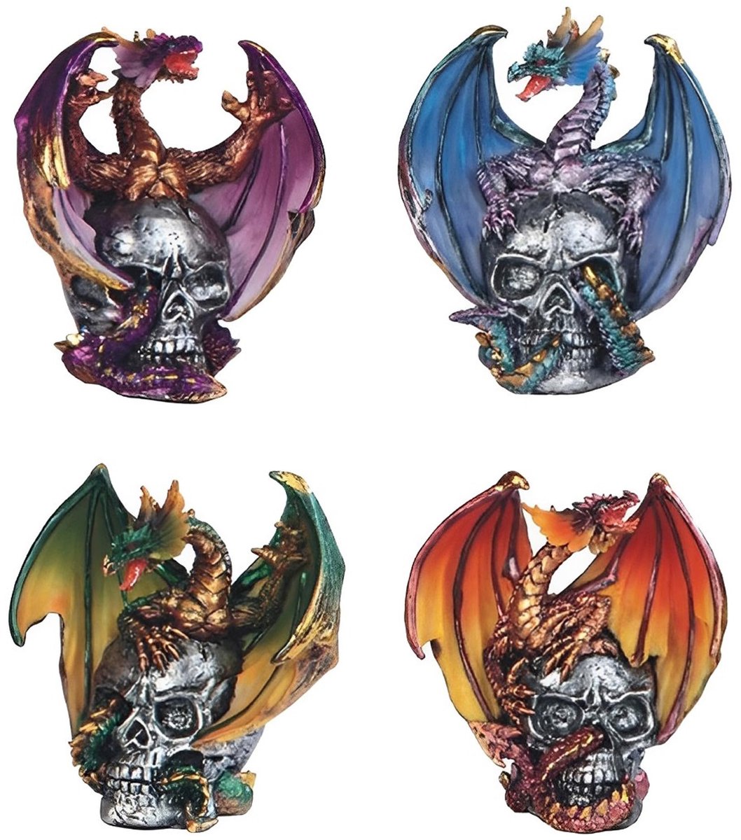 Draken Schedel Beeldjes - Mythische Beeldjes Set - Decoratief Gebruik - Handgeschilderd Hars - 3 Inch Hoog - Meerkleurig