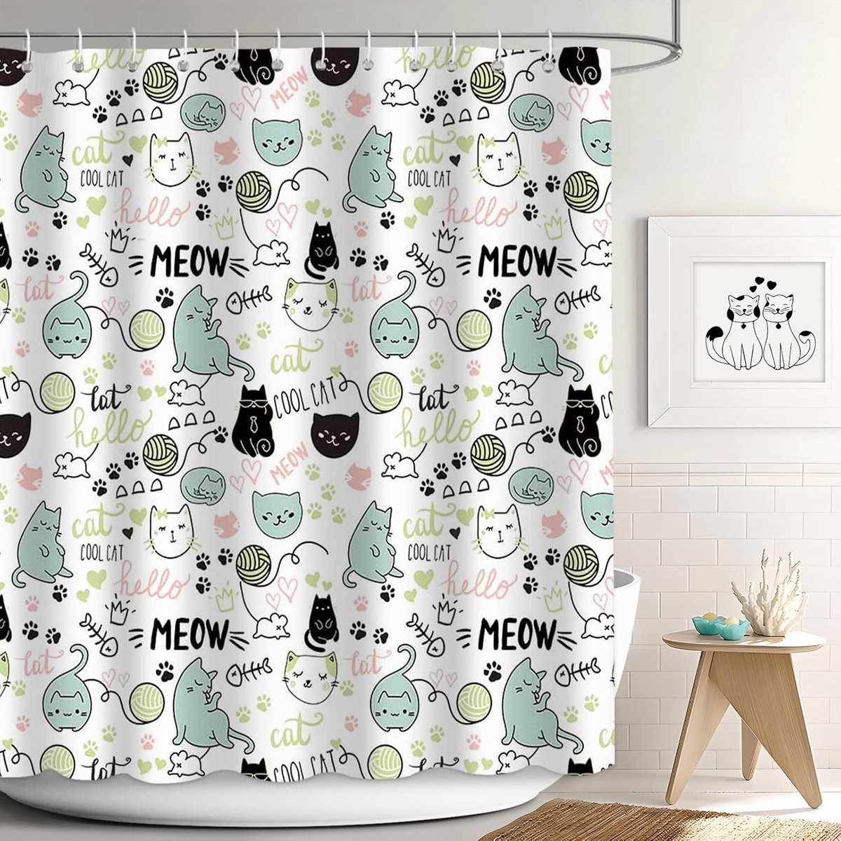 Douchegordijn voor kinderen 72 x 72 inch - schattige kat en muis - duurzaam en wasbaar - vrolijke badkamerdecoratie - ShopVlot