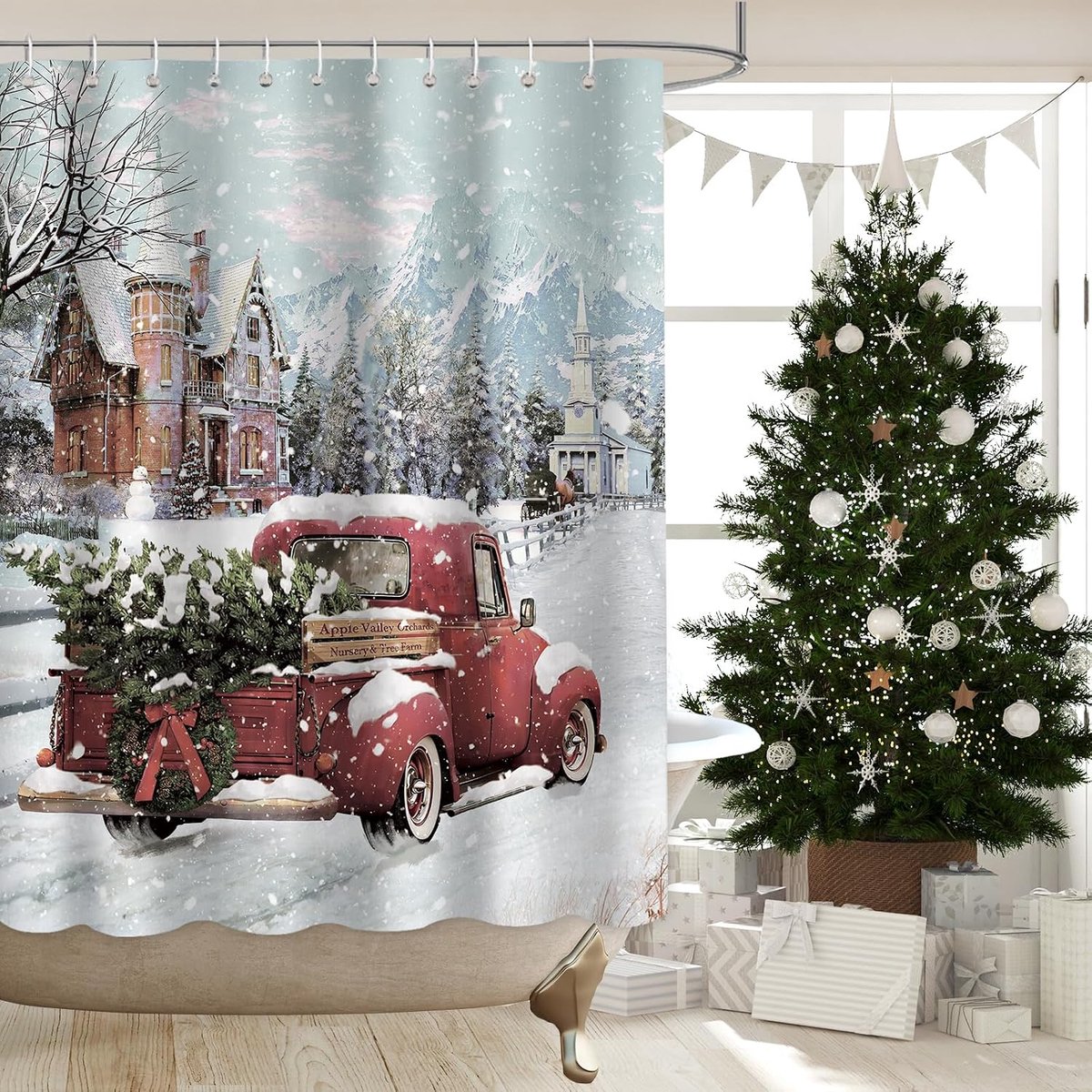 Douchegordijn Kerstmis 182 x 182 cm - Waterdicht Polyester - Vintage Rode Truck met Kerstboom - ShopVlot