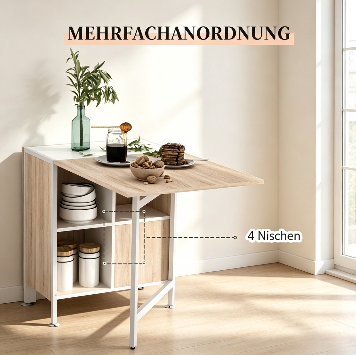 OKWISH Eettafel - Uitschuifbaar En Opklapbaar - Met Opbergruimte - Modern Ontwerp - Wit Licht Eiken - 170x60x75 Cm