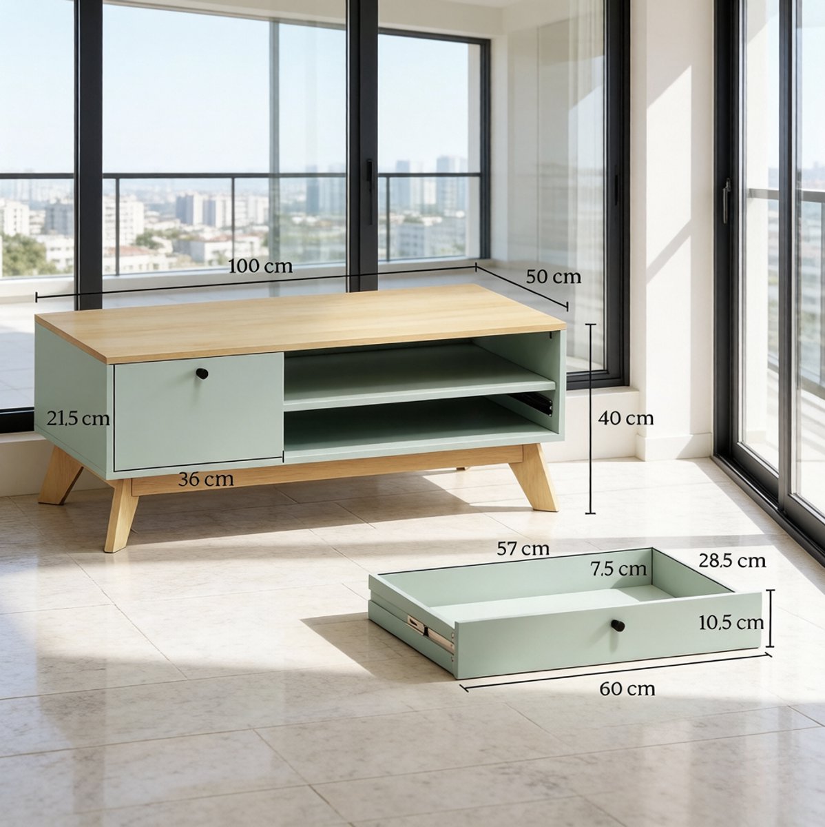 OKWISH Salontafel - Rechthoekig - Met Lade, Deur En Open Vak - Voor Woonkamer - Hellgroen En Eiken - MDF - 100x50x40 Cm