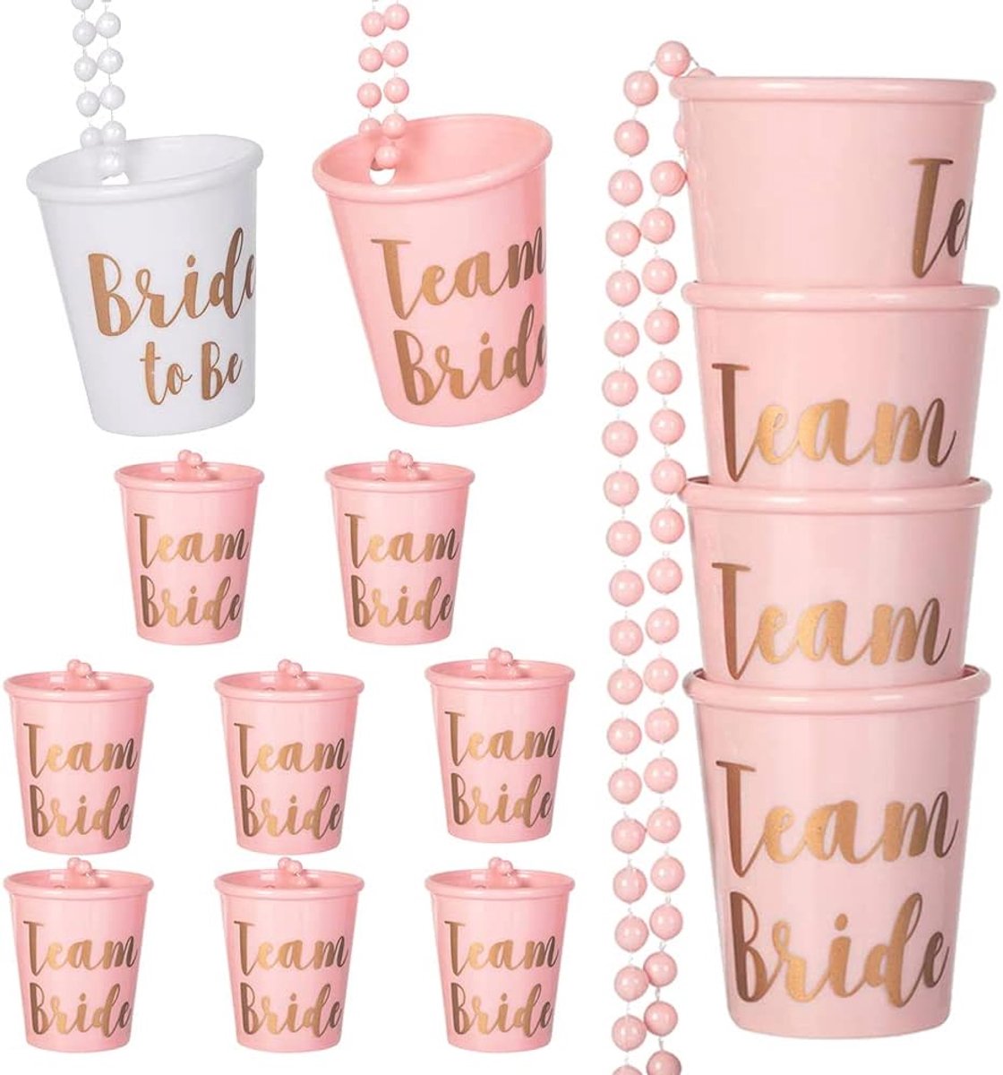 Shotglazen met ketting 14 stuks - JGA bekers voor team bruid - Hangen voor vrijgezellenfeest - ShopVlot