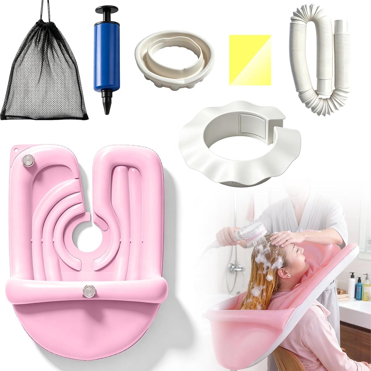 Haarwastafel voor liggend bed - opblaasbaar - roze pvc - eenvoudig haarwassen thuis - ShopVlot